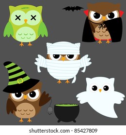 Set of cute vector owls in Halloween costumes