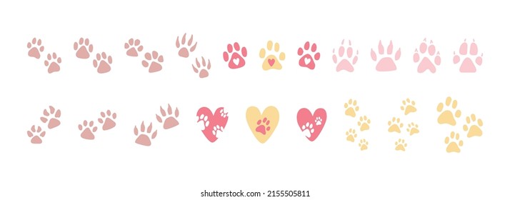 Set of cute vector paw prints. Animal prints, collection of decorative illustrations - pets, animal protection theme, nature reserves, homeless animal shelters, pet stores and veterinary clinics.