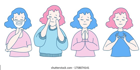 Set of cute vector people with closed eyes. Women in different dresses in pastel colors, different poses and gestures. prays, practices yoga, facial massage, a medical mask to protect against the