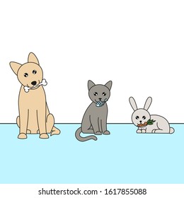 set of cute vector pets icons, dog, cat and rabbit with food in mouth, isolated cartoon animals, editable illustration