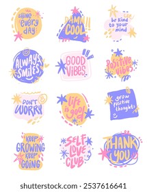 Set of Cute Vector Quotes and Playful with Positive Words. Hand Drawn Motivational Quotes 