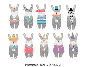 Set of cute vector rabbits. Isolate on a white background. Vector illustration.