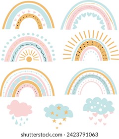 Conjunto de bonitos arcos vectoriales en escandi tonos pastel, nubes con estrellas, corazones, gotas de lluvia, kawaii adorable para las chicas, delicados dibujos en sencillo estilo plano.