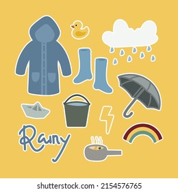 Set of Cute Vector Rainy Sticker Clip Art for Daily Planner