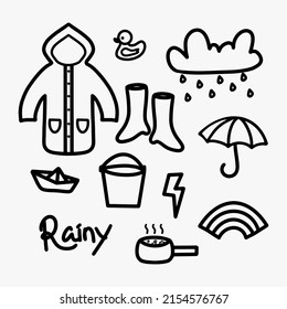 Set von Cute Vector Rainy Aufkleber Clipart Art für Tagesplaner. Doodle Line Art.