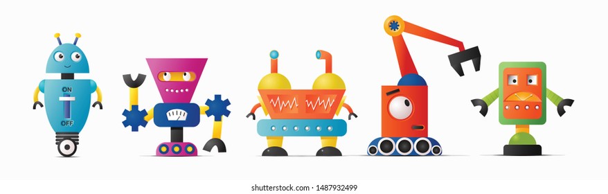 Set of cute vector robot characters for kids. Future robotics and artificial intelligence in retro style illustration 