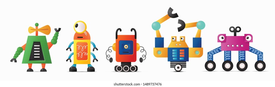 Set of cute vector robot characters for kids. Funny retro style robotics on white isolated background 