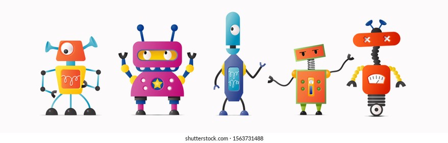 Set of cute vector robot characters for kids. Funny retro style robotics on white isolated background 