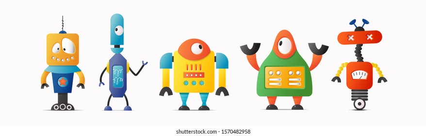 Set of cute vector robot characters for kids. Future robotics and artificial intelligence in retro style illustration 