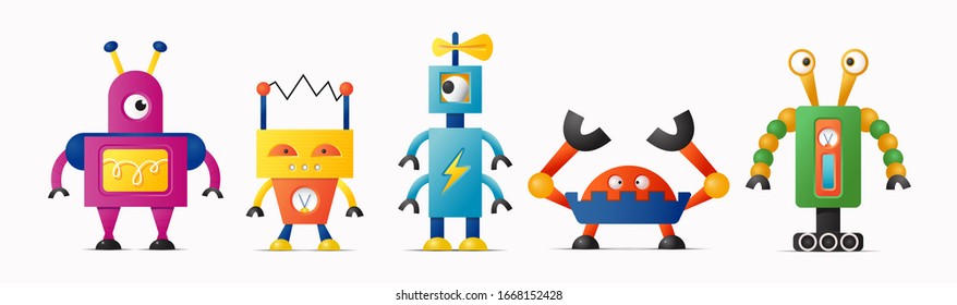 Set of cute vector robot characters for kids. Funny vintage style robotics on white isolated background