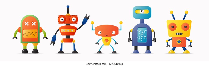 Set of cute vector robot characters for kids. Five funny vintage style robotics on white isolated background