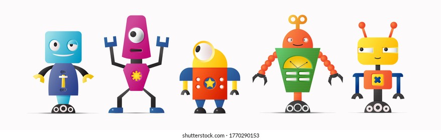 Set of cute vector robot characters for kids. Robotics and artificial intelligence in retro style illustration