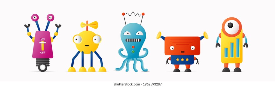 Set of cute vector robot characters for kids. Robotics and artificial intelligence in retro style illustration