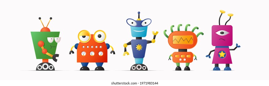 Set of cute vector robot characters for kids. Funny vintage style robotics on white isolated background