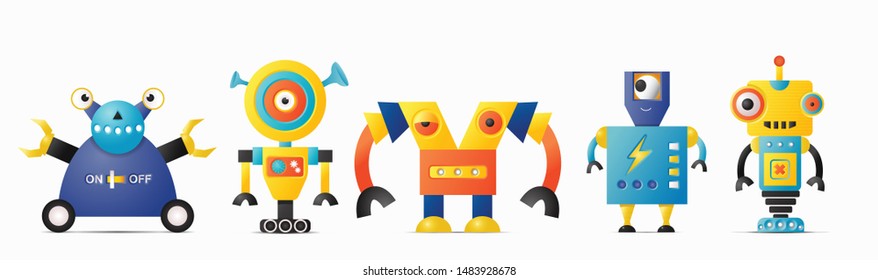 Set of cute vector robot or monster  characters for kids. Vintage futuristic cyborgs and humanoids on white isolated background 