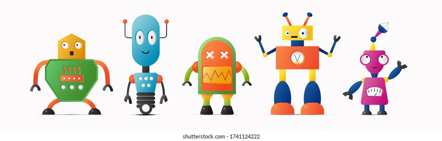 Set of cute vector robot or monster characters for kids. Vintage futuristic cyborgs and robotics on white isolated background