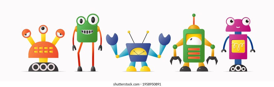 Set of cute vector robot or monster characters for kids. Vintage futuristic cyborgs and robotics on white isolated background