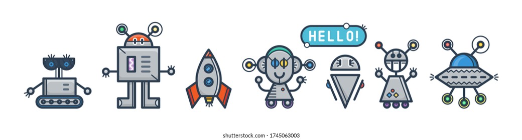 Set of cute vector robots with bubble in flat cartoon style. Vector isolated bots in a white background