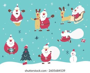 Set of cute
vector Santa Claus and reindeer illustrations