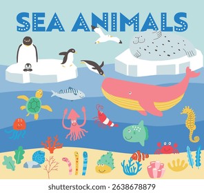 A set of cute vector sea animal illustrations