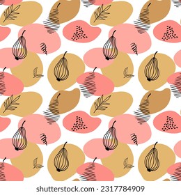 A set of cute vector seamless patterns with abstract flowers, fruits with simple shapes, leaves