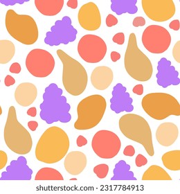  A set of cute vector seamless patterns with abstract flowers, fruits with simple shapes, leaves