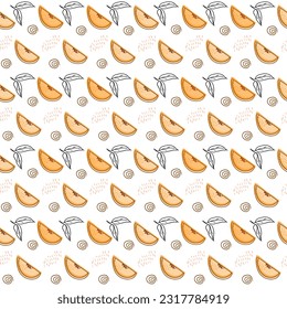 A set of cute vector seamless patterns with abstract flowers, fruits with simple shapes, leaves