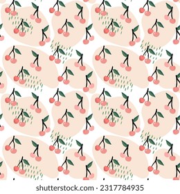 A set of cute vector seamless patterns with abstract flowers, fruits with simple shapes, leaves