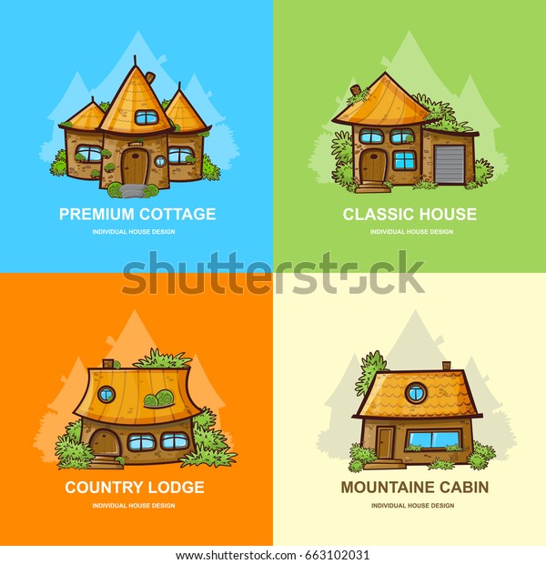 Set\
of cute vector square arts, icons or banners, logotypes, perfect\
for realtor, real estate agent logo design. Illustration of classic\
house, premium cottage, country lodge, mountain\
cabin