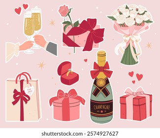 Set of cute vector stickers about love.Set of romantic scrapbooking design elements for wedding,Valentine's day: holiday gift, engagement ring, bouquet of roses, wine, glasses in hands of man and girl