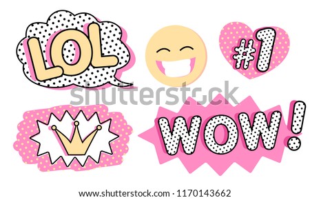 Set of cute vector stickers. Bubble for text, princess crown, WOW, LOL icons and laughing emoji. Pink color with black doodle stroke and dots. Pop art doll style. Photo booth props for birth party Stock photo © 