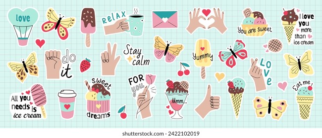 Set of cute vector stickers for daily planner and journal. Collection of scrapbooking design elements: hand gesture, butterfly, ice-cream, motivational phrases