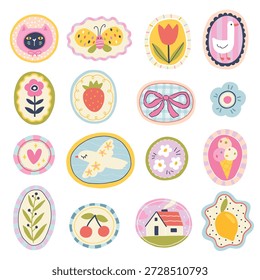 Set of cute vector stickers and hand-drawn patches with cat, bird, house, strawberry. Minimalist doodle elements for childish stationery, textile, trendy packaging, fabric and modern design