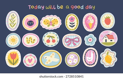 Conjunto de pegatinas de Vector lindo y parches dibujados a mano sobre fondo oscuro. Elementos de doodle minimalistas con cita positiva para papelería con estilo, textil, embalaje de moda, tela y diseño moderno