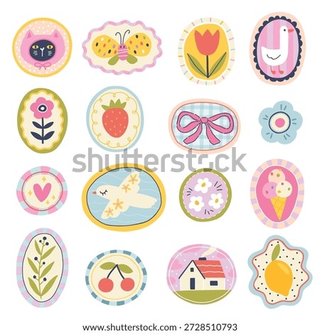 Set of cute vector stickers and hand-drawn patches with cat, bird, house, strawberry. Minimalist doodle elements for childish stationery, textile, trendy packaging, fabric and modern design