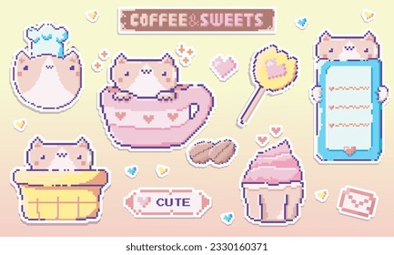 Set of cute vector stickers in pixel art style