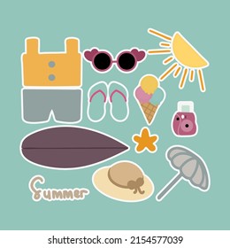 Set of Cute Vector Summer Sticker Clip Art for Daily Planner