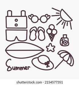 Set of Cute Vector Summer Sticker Clip Art for Daily Planner. Doodle Line Art.