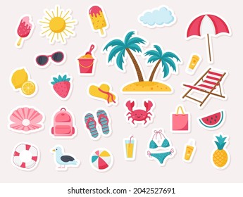 Set of cute vector summer stickers, beach theme. Flat style. EPS 10