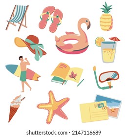 Set of cute vector summer stickers for daily  . Collection of  elements for beach camping party:cocktail,bag,ice cream,bikini,beach hat.Tropical vacation.