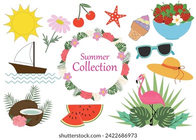 Set of cute vector summer stickers for daily planner. Collection of scrapbooking elements for beach party. Holiday, sea resort, season entertainment. Scrapbooking elements.