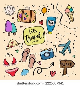 Set of cute vector summer travel stickers in color for daily planner. Collection of beach party scrapbooking elements. Summer doodle icons set