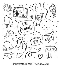 Set of cute vector summer travel stickers . Collection of beach party scrapbooking elements. Summer doodle icons se