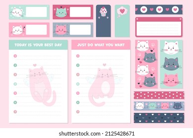Set of cute vector templates of diary pages, notes, washi tape, ribbons and stickers. Cartoon cats theme. Kittens. Good for scrapbooking, craft, party decoration, school copybook, bookmarks, diary