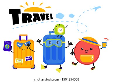 A set of cute vector travel icons. travel kawaii objects. Cartoon characters: suitcase, bag, camera, passport and other. Doodle icon design vector, journey concept