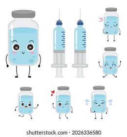 Set of the cute vector of vaccine bottle character. Vaccination fight coronavirus (2019-nCoV), Alcohol gel for against COVID-19, Protection from viruses attack, smile, injection, isolated on white 