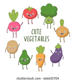 Set of cute vector vegetables. Smiling characters: tomato, broccoli, onion, eggplant, carrot, avocado, potato, raddish.