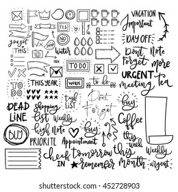 Set of cute vector vintage simple hand drawn diary stickers. Banners and ribbons, lettering and frames.