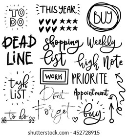 Set of cute vector vintage simple hand drawn diary stickers. Hand lettering. Motivating quotes. To do list.