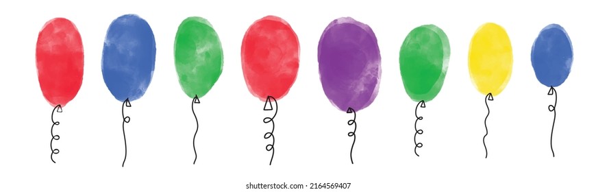 Set of cute vector watercolor textured balloons from watercolour paint stains with black curly string. Clip art collection of artistic creative baloons for holiday design.
